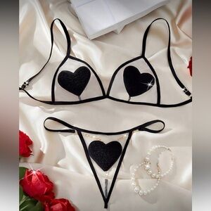 Furry Black Heart Mesh Lingerie Set w Gold Chain Accents